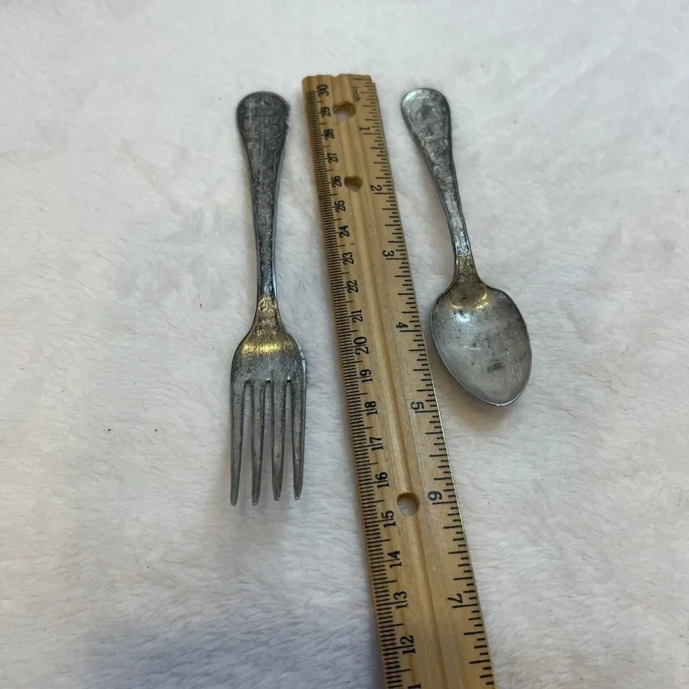 Vintage Children's‎ Toy Fork & Spoon WBW with Girl & Bear On Handles 2 Piece Set